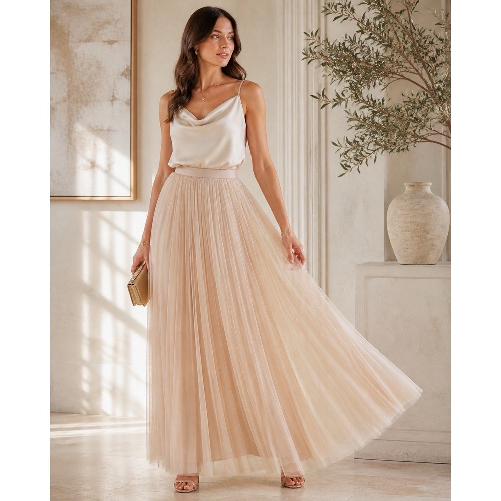 Adrianna Papell Beige Tulle‎ Maxi Skirt Women Size 12 Pleated Formal Evening